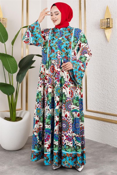 Geniş Kol Tesettür Elbise MAVİ - Thumbnail