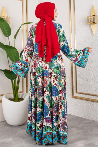 Geniş Kol Tesettür Elbise MAVİ - Thumbnail