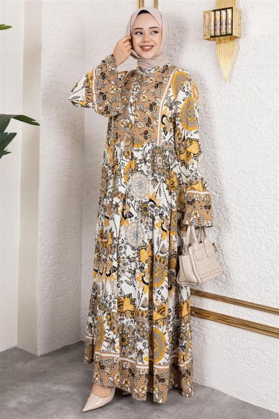 Geniş Kol Tesettür Elbise VİZON - Thumbnail