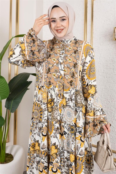 Geniş Kol Tesettür Elbise VİZON - Thumbnail