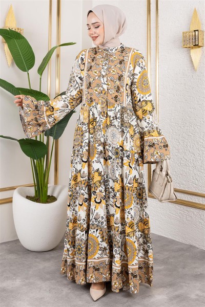 Geniş Kol Tesettür Elbise VİZON - Thumbnail