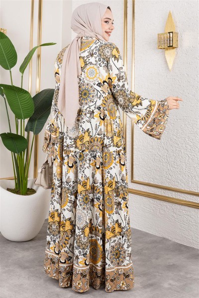 Geniş Kol Tesettür Elbise VİZON - Thumbnail