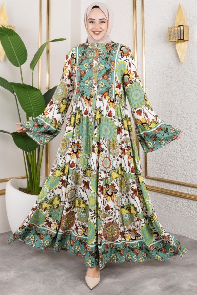 Geniş Kol Tesettür Elbise YEŞİL - Thumbnail