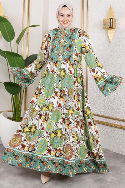 Geniş Kol Tesettür Elbise YEŞİL - Thumbnail