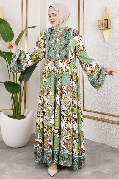 Geniş Kol Tesettür Elbise YEŞİL - Thumbnail