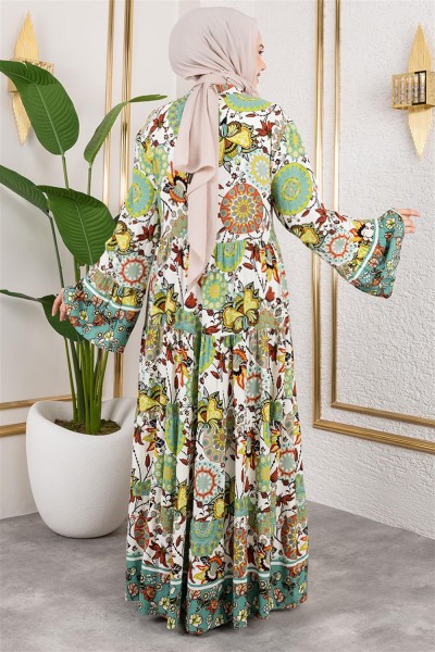 Geniş Kol Tesettür Elbise YEŞİL - Thumbnail