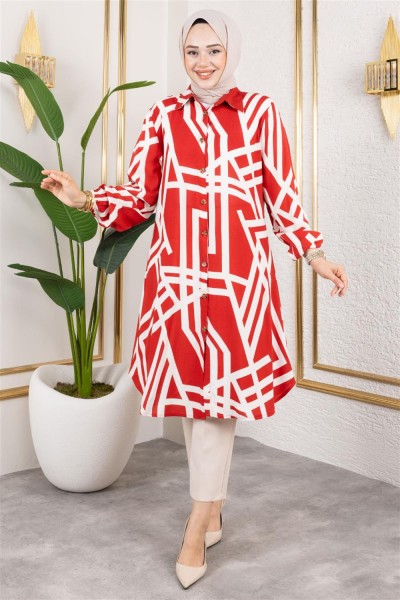 Geometrik Desen Viskon Tunik BORDO - Thumbnail