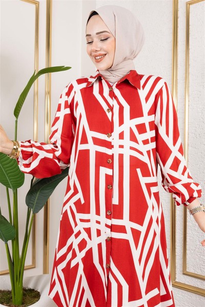 Geometrik Desen Viskon Tunik BORDO - Thumbnail