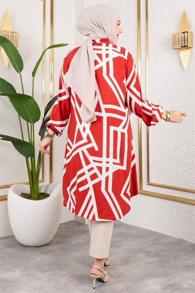 Geometrik Desen Viskon Tunik BORDO - Thumbnail
