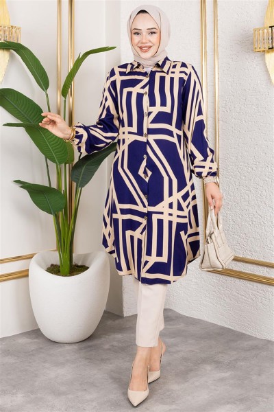 Geometrik Desen Viskon Tunik LACİVERT - Thumbnail