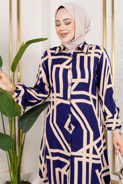 Geometrik Desen Viskon Tunik LACİVERT - Thumbnail