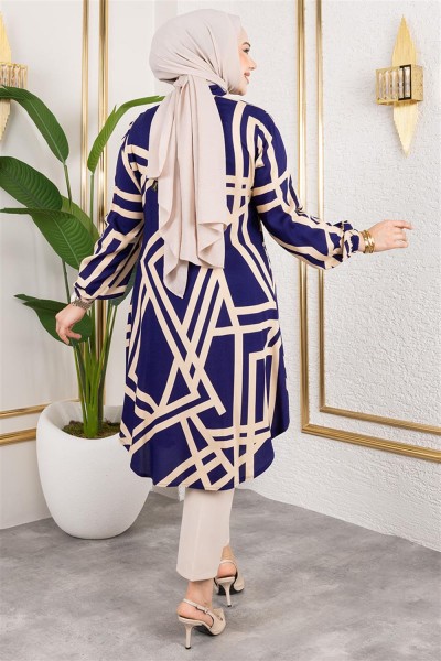 Geometrik Desen Viskon Tunik LACİVERT - Thumbnail