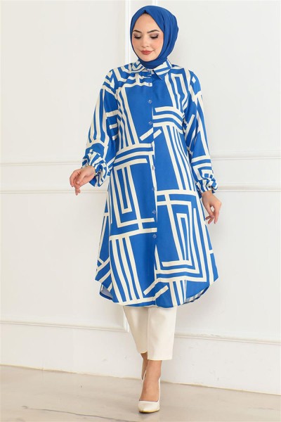 SGS - Geometrik Desen Viskon Tunik SAKS MAVİSİ