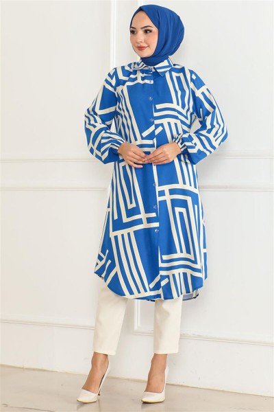 Geometrik Desen Viskon Tunik SAKS MAVİSİ - Thumbnail