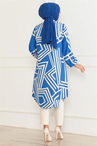 Geometrik Desen Viskon Tunik SAKS MAVİSİ - Thumbnail