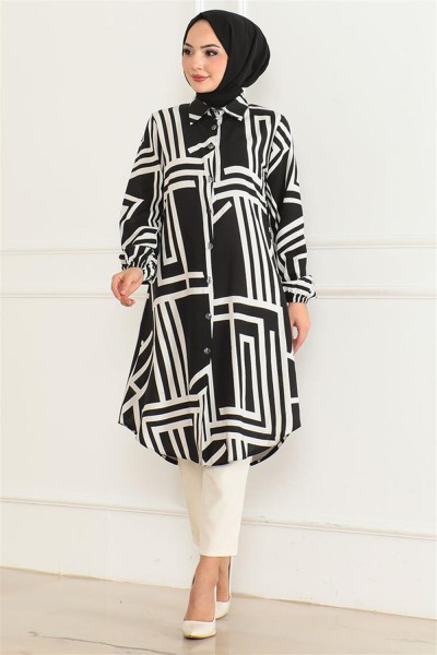 Geometrik Desen Viskon Tunik SİYAH - Thumbnail