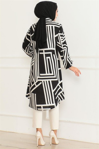 Geometrik Desen Viskon Tunik SİYAH - Thumbnail