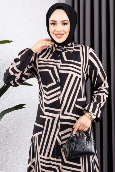 Geometrik Desen Viskon Tunik SİYAH VİZON - Thumbnail