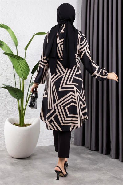Geometrik Desen Viskon Tunik SİYAH VİZON - Thumbnail