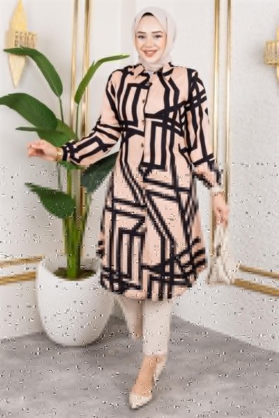 SGS - Geometrik Desen Viskon Tunik VİZON SİYAH