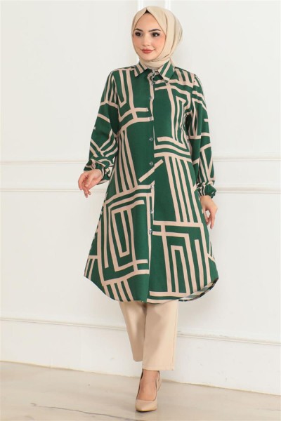 SGS - Geometrik Desen Viskon Tunik ZÜMRÜT YEŞİLİ