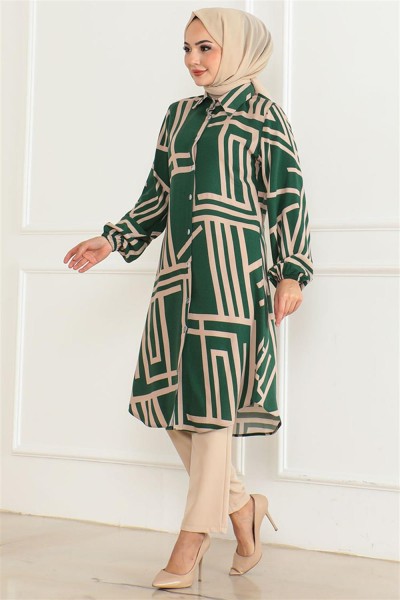Geometrik Desen Viskon Tunik ZÜMRÜT YEŞİLİ - Thumbnail