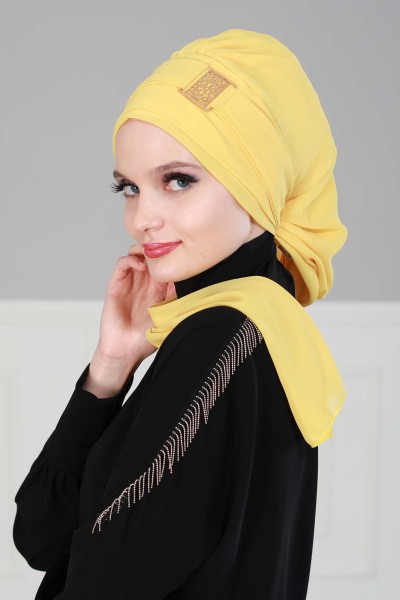 Moda Çizgi - وشاح جاهز من الشيفون مع إكسسوارات ذهبية، HT-11 أصفر