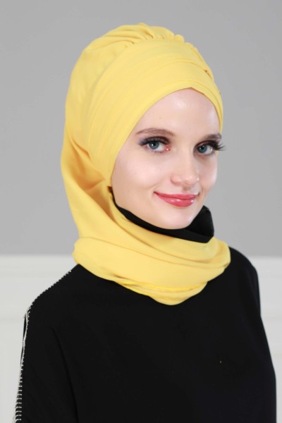 وشاح جاهز من الشيفون مع إكسسوارات ذهبية، HT-11 أصفر - Thumbnail