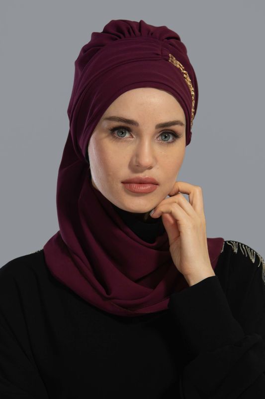 Gold Aksesuarlı Tasarım Şifon Hazır Türban,HT-28,HT-28 Mürdüm - 2
