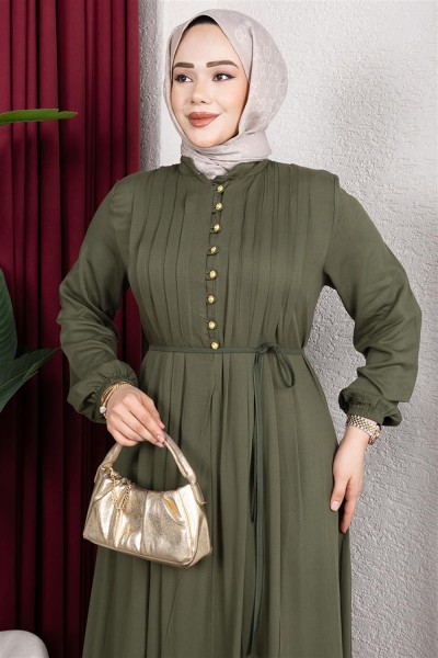 Gold Düğmeli Belmando Elbise HAKİ - Thumbnail