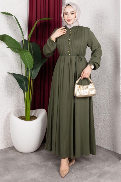 Gold Düğmeli Belmando Elbise HAKİ - Thumbnail