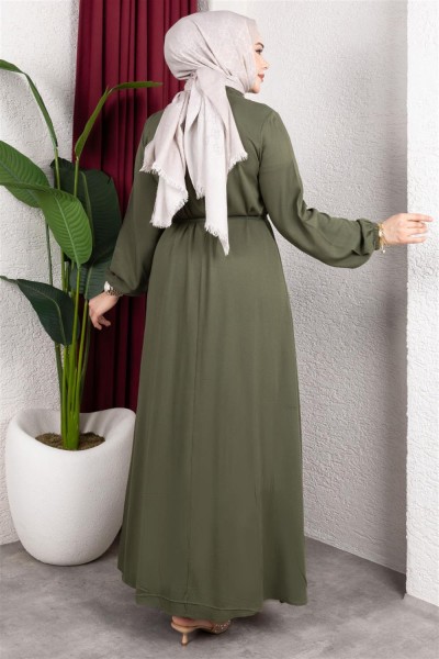 Gold Düğmeli Belmando Elbise HAKİ - Thumbnail