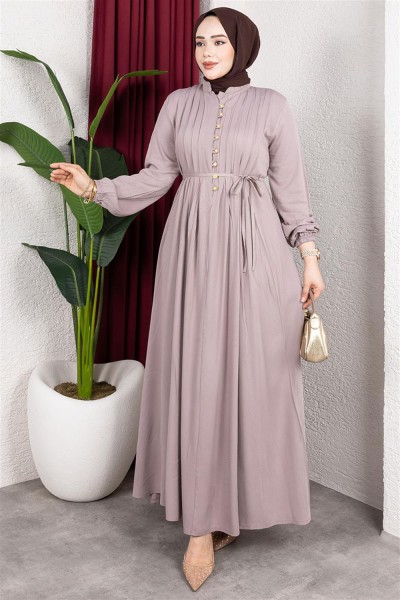 Gold Düğmeli Belmando Elbise VİZON - Thumbnail