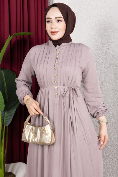 Gold Düğmeli Belmando Elbise VİZON - Thumbnail