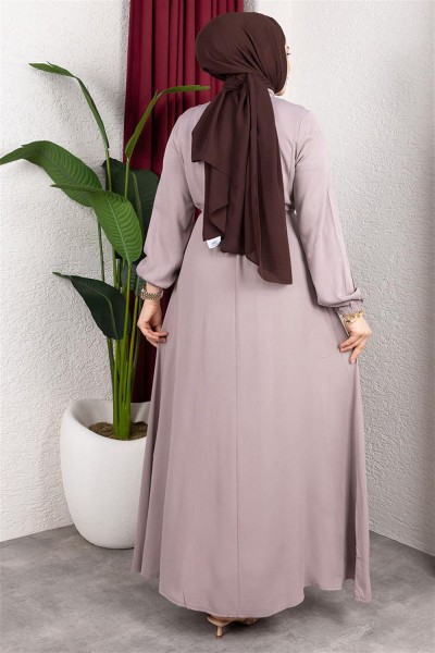 Gold Düğmeli Belmando Elbise VİZON - Thumbnail