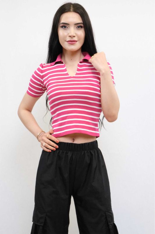 Gömlek Yaka Çizgili Triko Bluz Pembe - 2