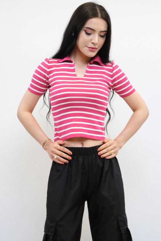 Gömlek Yaka Çizgili Triko Bluz Pembe - 3