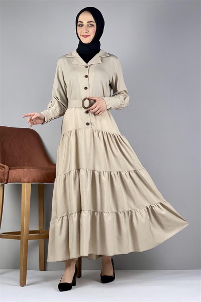 END - Gömlek Yaka Elbise BEJ