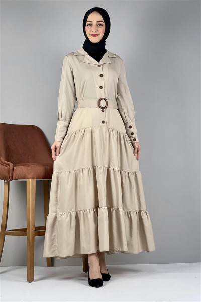 Gömlek Yaka Elbise BEJ - Thumbnail