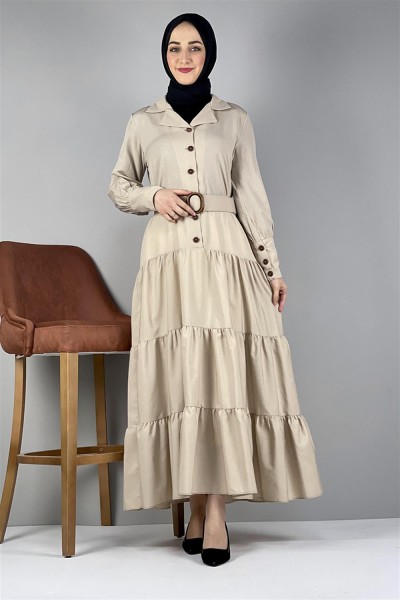 Gömlek Yaka Elbise BEJ - Thumbnail