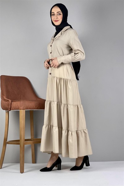 Gömlek Yaka Elbise BEJ - Thumbnail