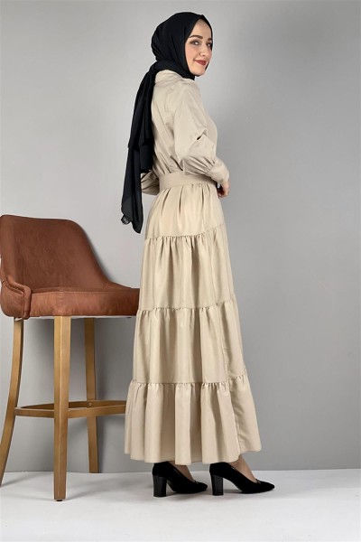 Gömlek Yaka Elbise BEJ - Thumbnail