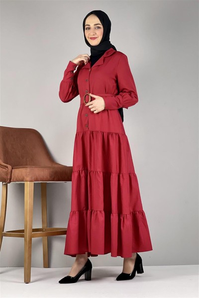 Gömlek Yaka Elbise KIRMIZI - Thumbnail