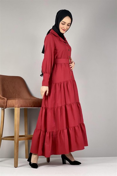 Gömlek Yaka Elbise KIRMIZI - Thumbnail