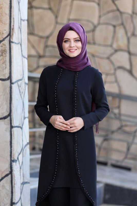 Gül İşlemeli İkili Takım MC1434 Siyah - 2