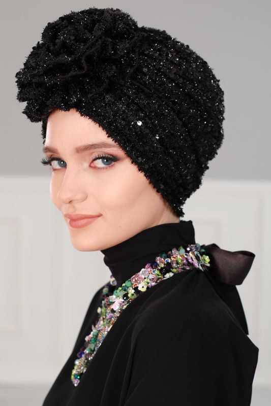Rose Combed Cotton Bearded Sequin Bonnet,B-21SK Black - 1