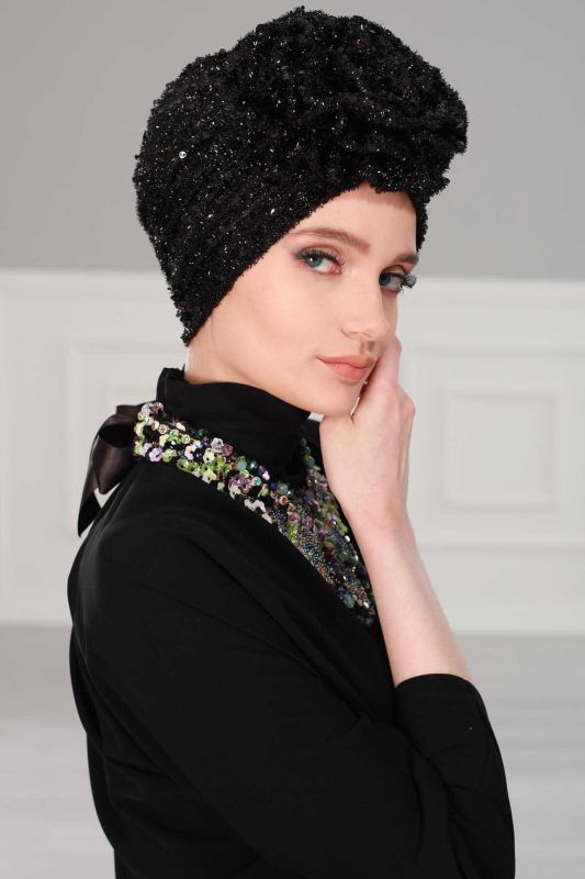 Rose Combed Cotton Bearded Sequin Bonnet,B-21SK Black - 2