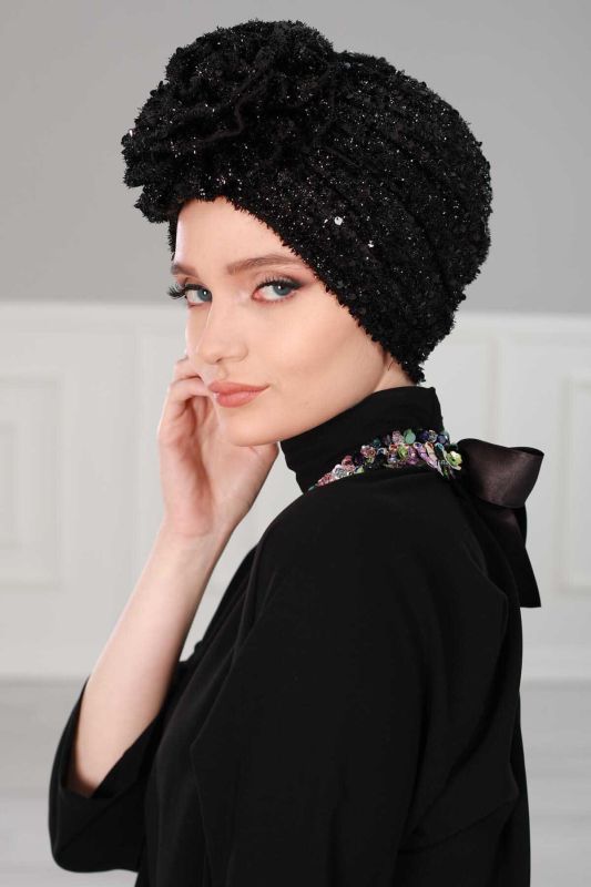 Rose Combed Cotton Bearded Sequin Bonnet,B-21SK Black - 3