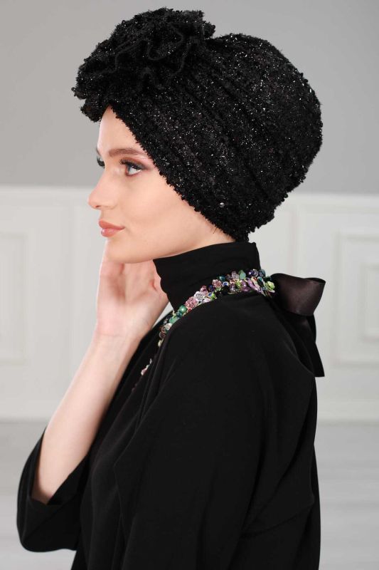 Rose Combed Cotton Bearded Sequin Bonnet,B-21SK Black - 4