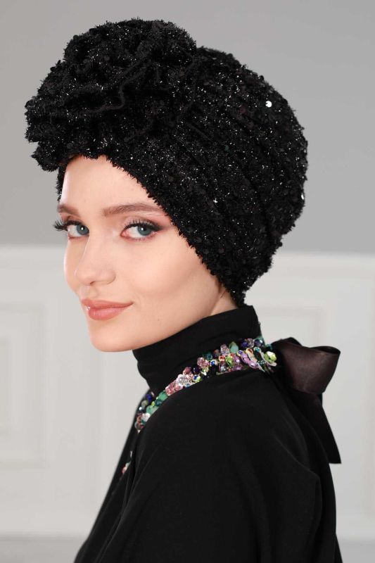Rose Combed Cotton Bearded Sequin Bonnet,B-21SK Black - 5